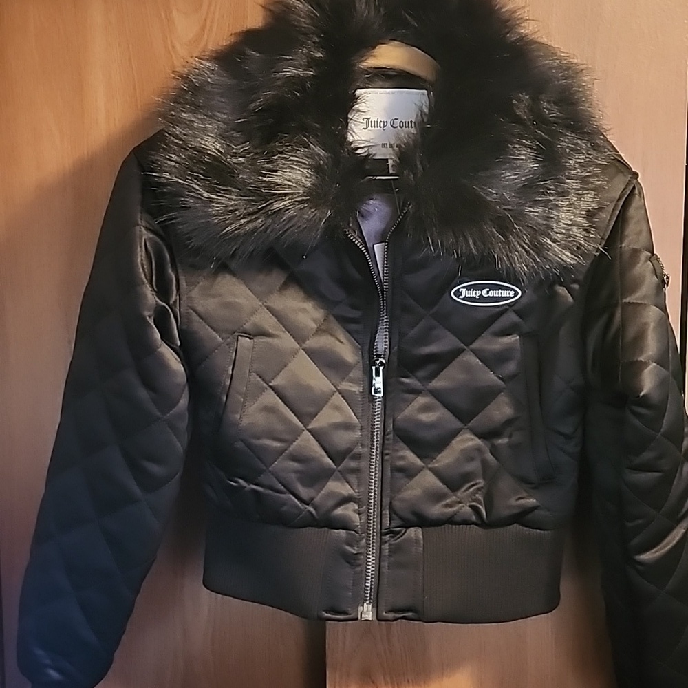 Juicy Couture Black Aviator Jacket with Faux Fur Collar NWT XS